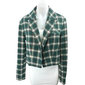 And Now This Women's Green Plaid Checkered Flannel Crop Blazer Coat Jacket Sz M